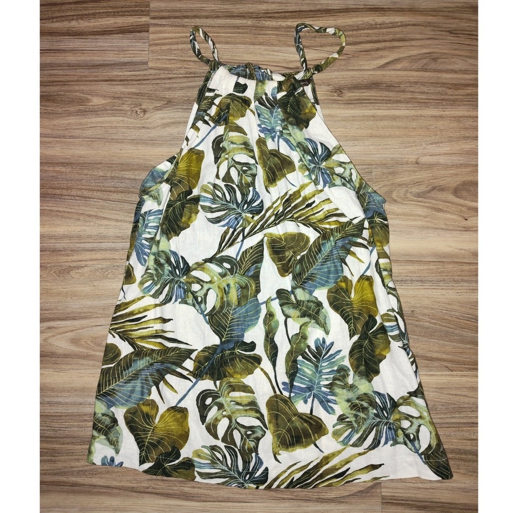 Tommy Bahama Womens XS Linen Blend Tropical Monstera‎ Leaf Halter Neck Top Green